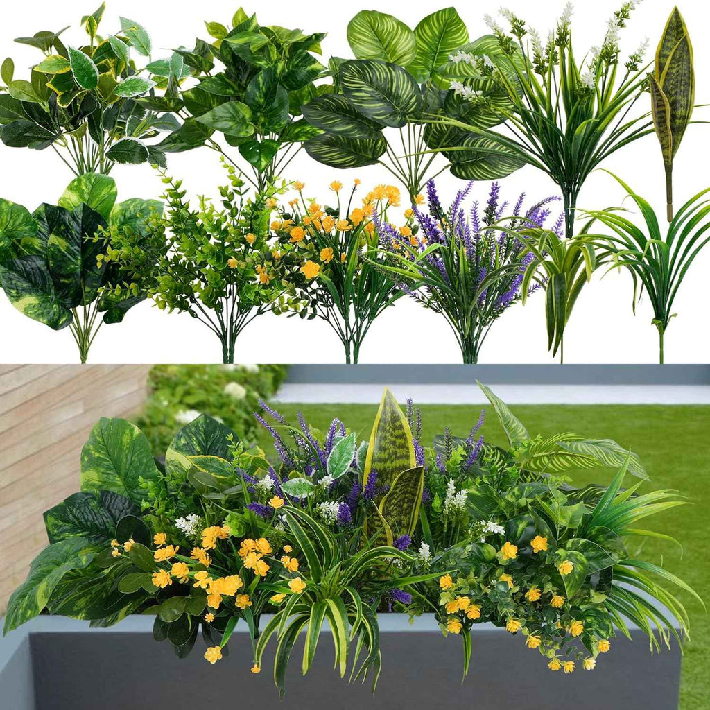 GTIDEA 19 Pcs Outdoor Faux Plants Artificial Plants & Flowers, UV Resistant | Fake Plastic Leaves Greenery Stems for Outside Window Box Hanging Baskets Garden Patio Front Porch Decor