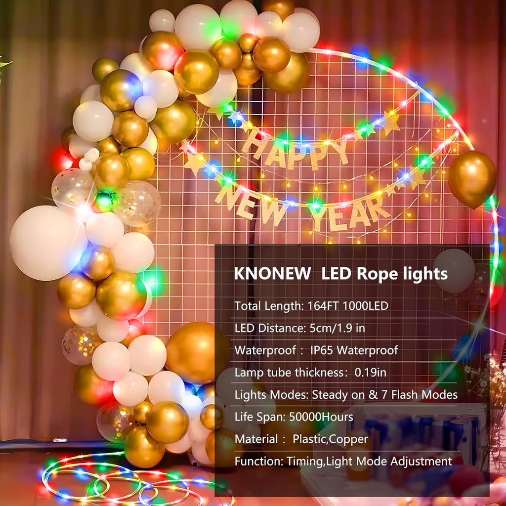 KNONEW 164FT 1000LED Rope Lights for Outside,Outdoor String Lights Waterproof 8 Modes Clear Tube Light for Indoor,Bedroom,Wedding,Garden,Patio,Christmas,Tree,Rv,Holiday Decoration(Multicolor) | 8 Modes,Timer,Memory Function Rope Lighting String Lights ...