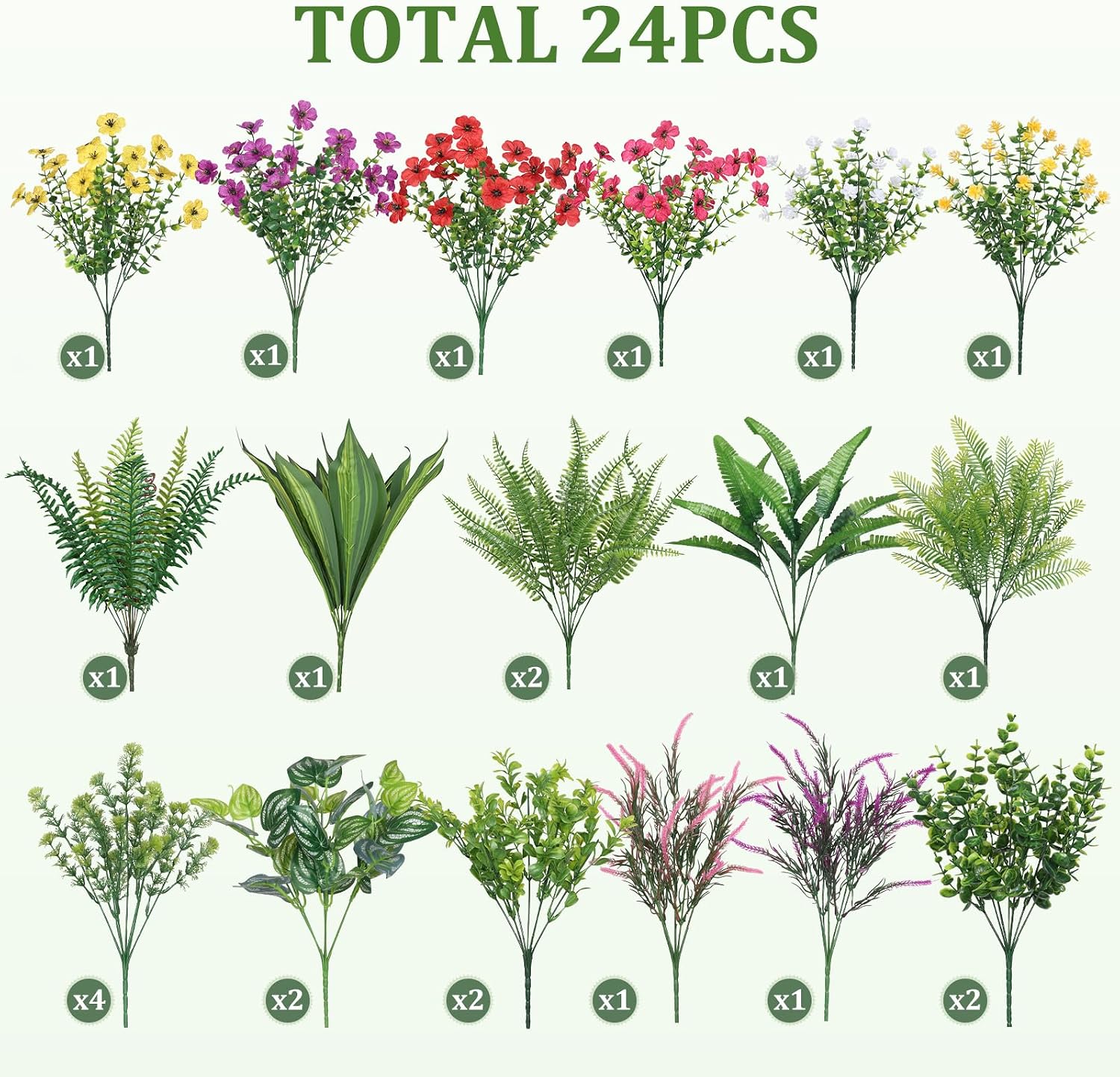 Alupssuc 24 Pcs Artificial Plants Flowers for Outdoors UV Resistant Decor | No Fade Plastic Spring Fake Plants Greenery, For Patio Porch Garden Pathway Home Spring Decor, 4 Colors