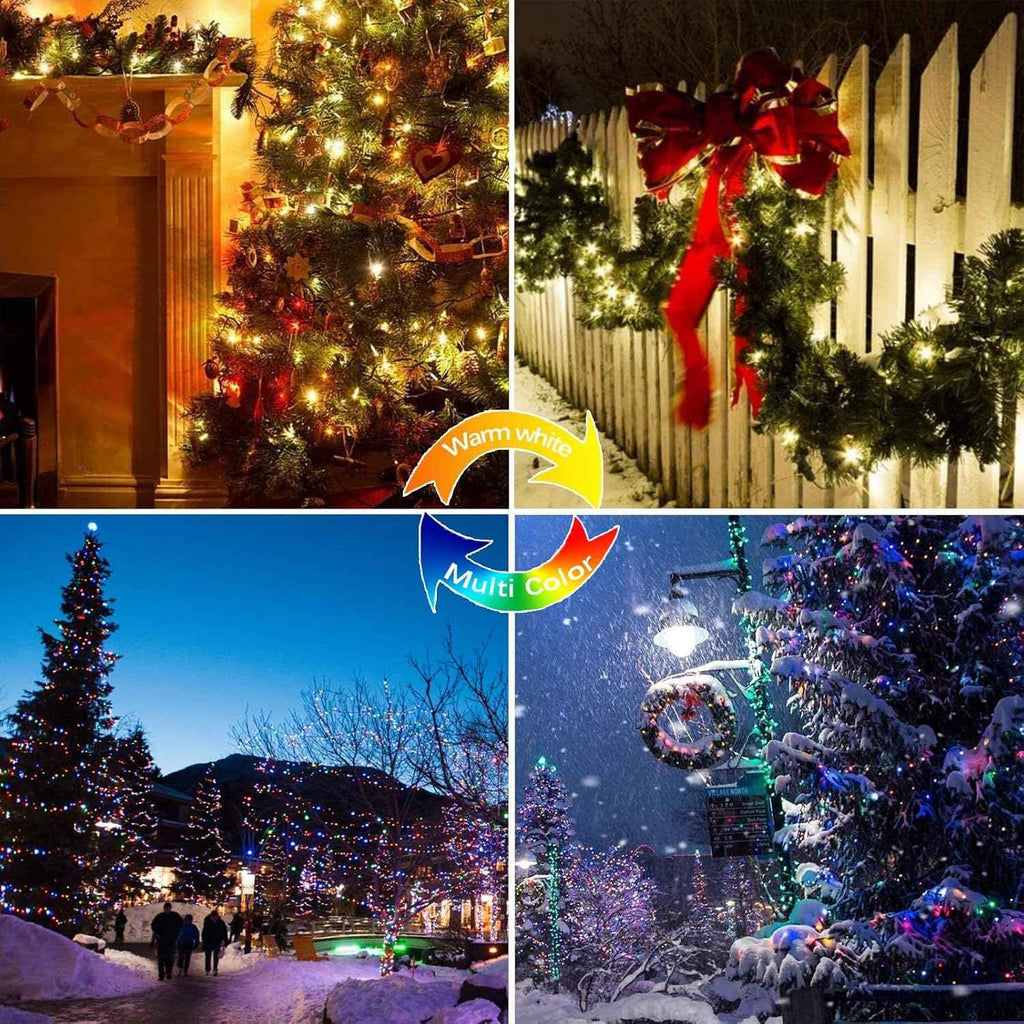 Solar Christmas String Lights Outdoor 2Pack 200LED, Warm White ⇋ Multicolor | Fairy Lights Waterproof, 8 Modes, Memory, Auto On/Off, Copper Wire Twinkle Lights for Outside Garden Tree Christmas Decor