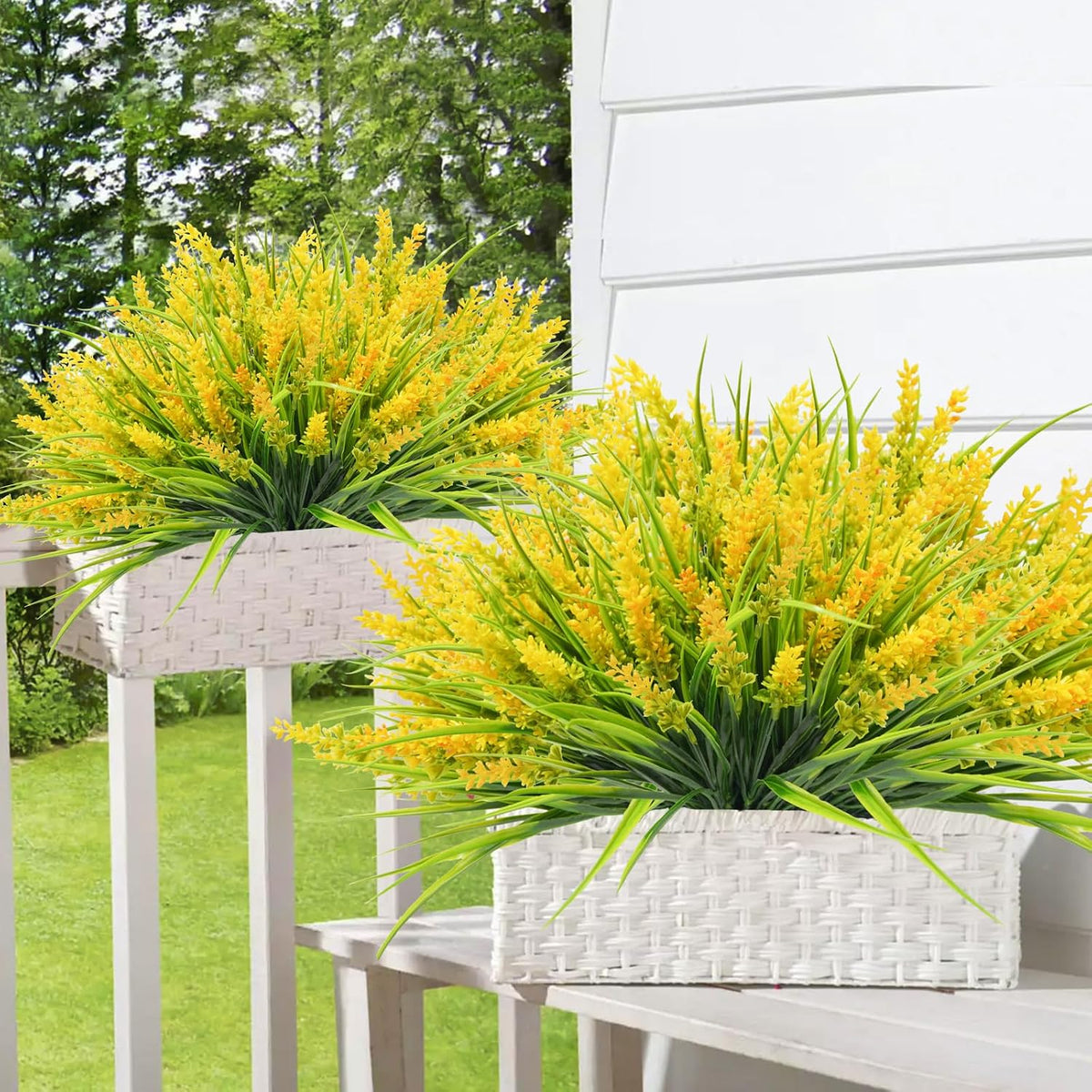 40 Bundles Artificial Lavender Outdoor UV Resistant No Maintain,Yellow | Faux Lavender Flowers with Greenery Monkey Grass,Lifelike Plastic Plants for Garden Porch/Window Box/Patio Hanging Decor