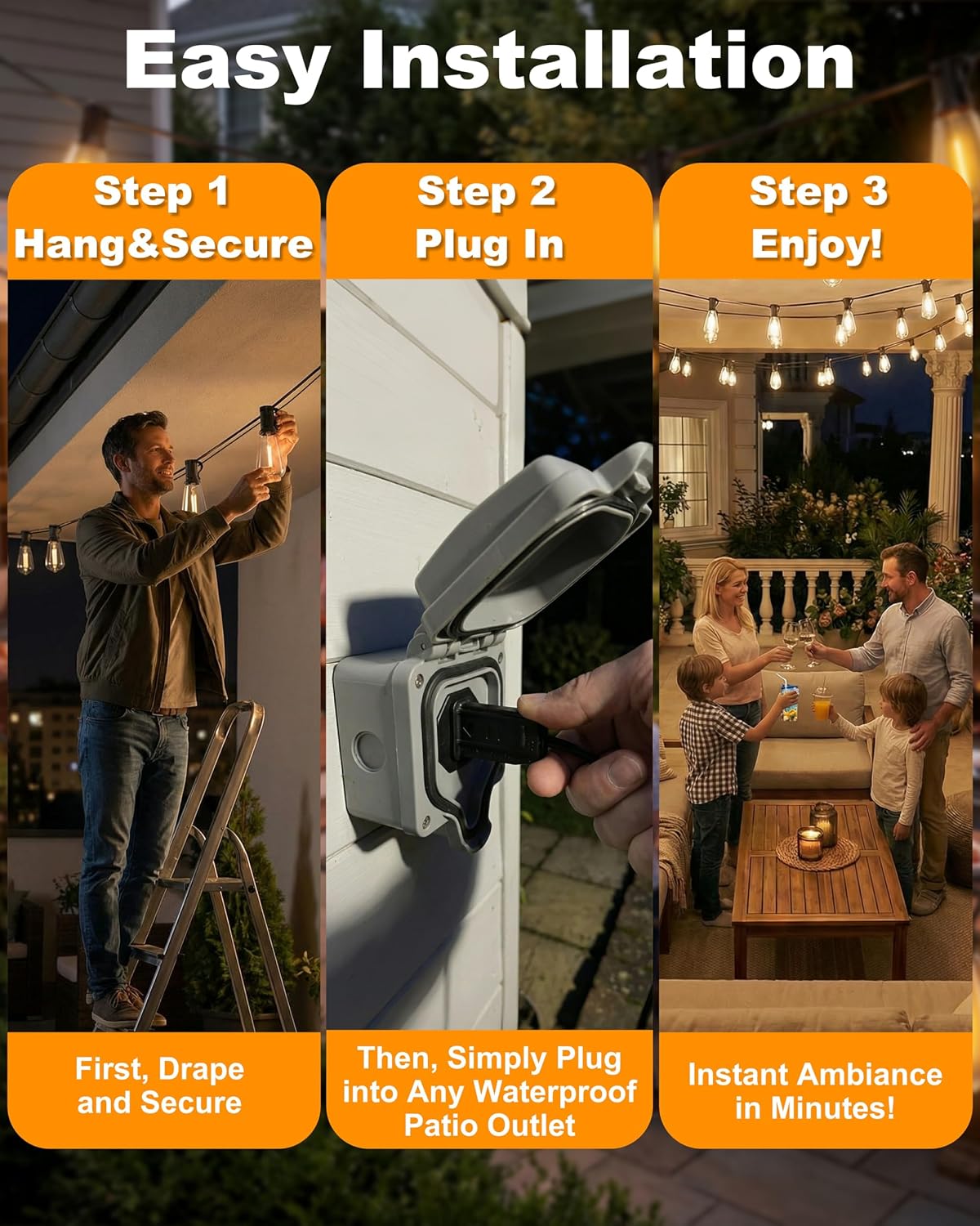Outdoor String Lights, 108FT (30+1) ST38 String Lights for Outside | IP65 Waterproof, ETL Listed, Shatterproof, End-to-end Connection, Dimmable, 2700K LED Lights for Backyard, Balcony, Garden