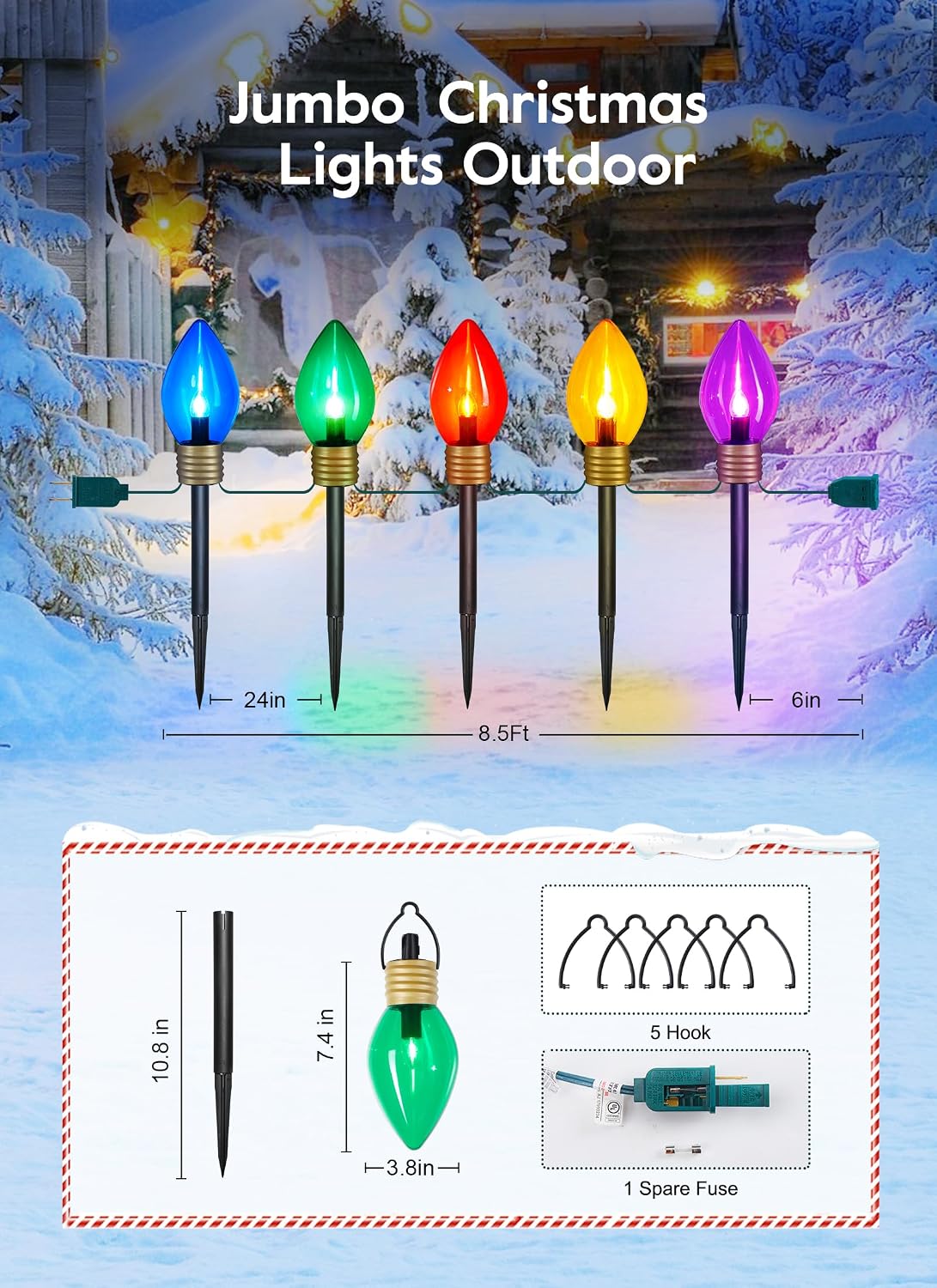 Jumbo C9 Christmas Lights Outdoor Decoration Lawn with Pathway Marker Stake | 8 Feet 5 LED C9 Pathway Lights Covered Multicolor Bulb, Connectable Waterproof Christmas Outside Decorations for Holiday Yard
