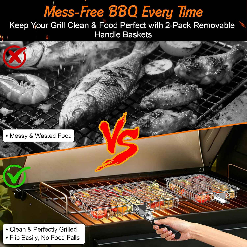 Grill Baskets for Outdoor Grill,Removable Wooden Handle,2PCS | Stainless Steel BBQ Grilling Basket,Camping Cooking Accessories for Meat Fish Vegetable Seafood, Gifts for Men Dad Husband