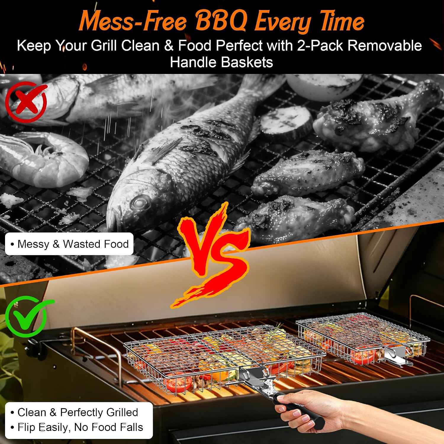 Grill Baskets for Outdoor Grill,Removable Wooden Handle,2PCS | Stainless Steel BBQ Grilling Basket,Camping Cooking Accessories for Meat Fish Vegetable Seafood, Gifts for Men Dad Husband