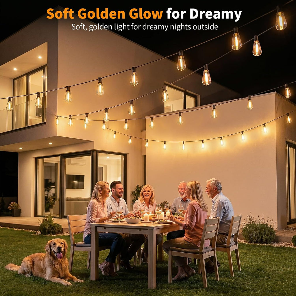 Hotsonic Remote Control Outdoor String Lights Waterproof, 50FT LED Outside Lights with Shatterproof Bulbs, Dimmable Hanging Lights 3 Modes for Patio Porch Garden Pergola Yard House Bistro Party Decors