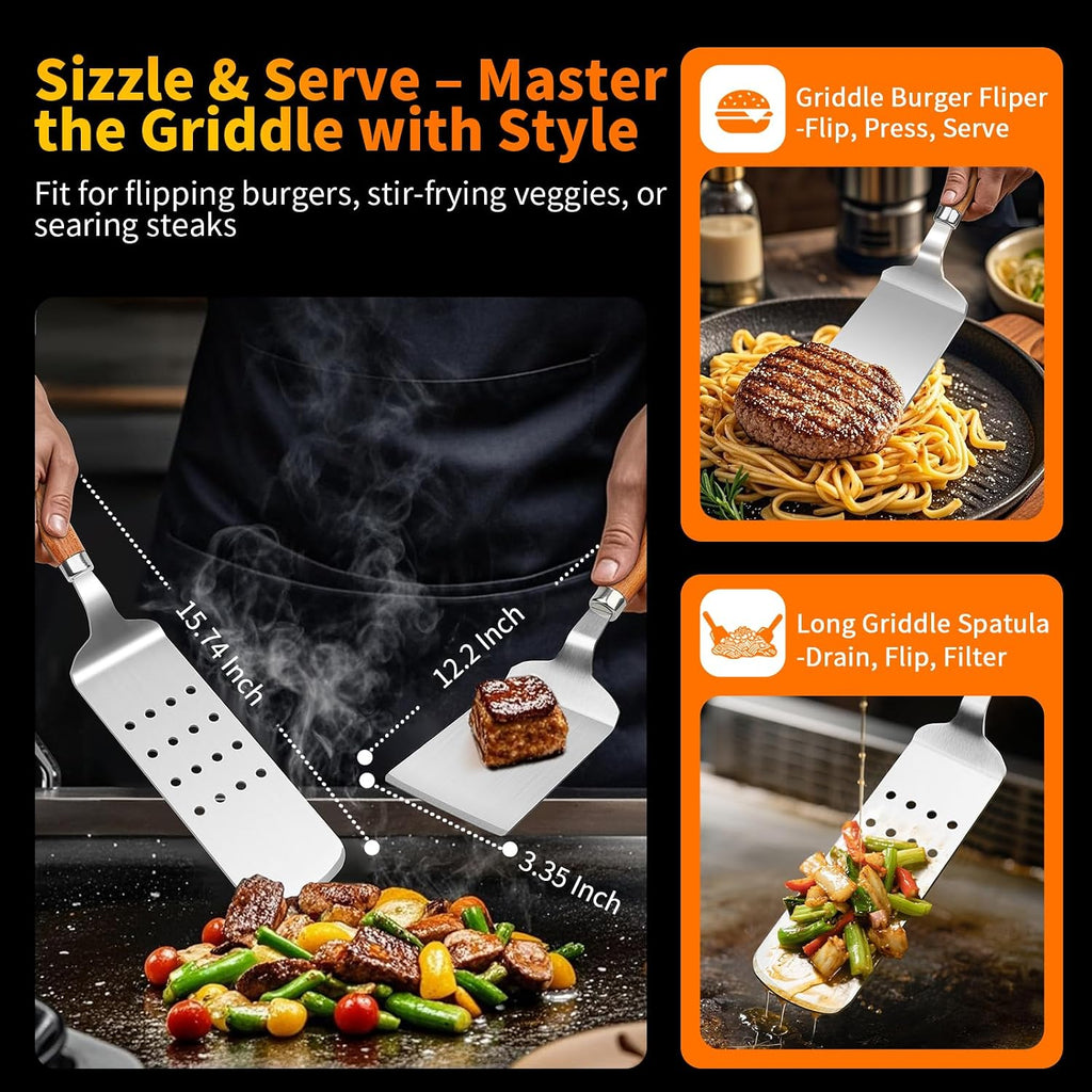 RIKOJUXI Heavy Duty Stainless Steel BBQ Accessories Tools Set Grill Gift | Grilling Gifts for Men Women Father BBQ Tools Grill Accessories for Outdoor Grill with Spatula, Fork, Tongs