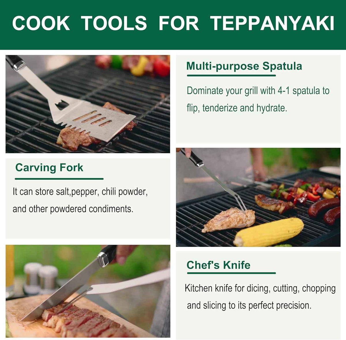 Grilljoy 46PC Griddle Accessories Set with Robust Plastic Handle, All-in-One Griddle Tools Kit for Flat Top Grills Teppanyaki Hibachi, Stainless Steel Grill Spatula Kit for Outdoor Camping Grilling