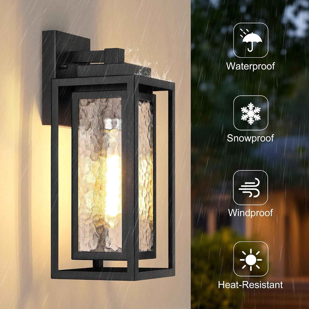WIHTU 15.78'' Exterior Porch Light Fixture,Outdoor Wall Sconce Lights,Black | Water Ripple Glass , Rustproof Double Metal Frame, Waterproof. T30 Bulbs Included. 2 Packs, Outdoor & Indoor, For Porch