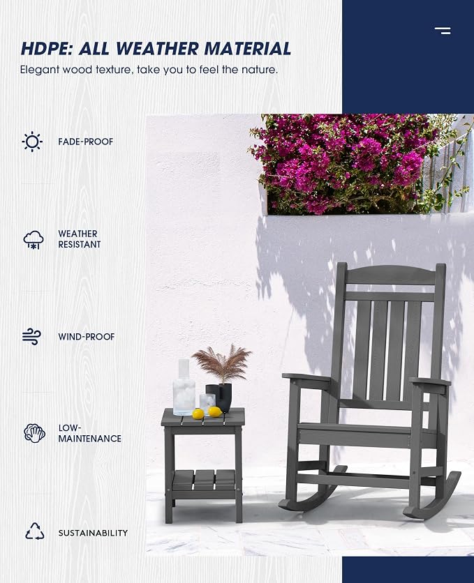 KINGYES Outdoor Rocking Chairs, HDPE All-Weather Patio Rocking Chairs High Back - Image 7