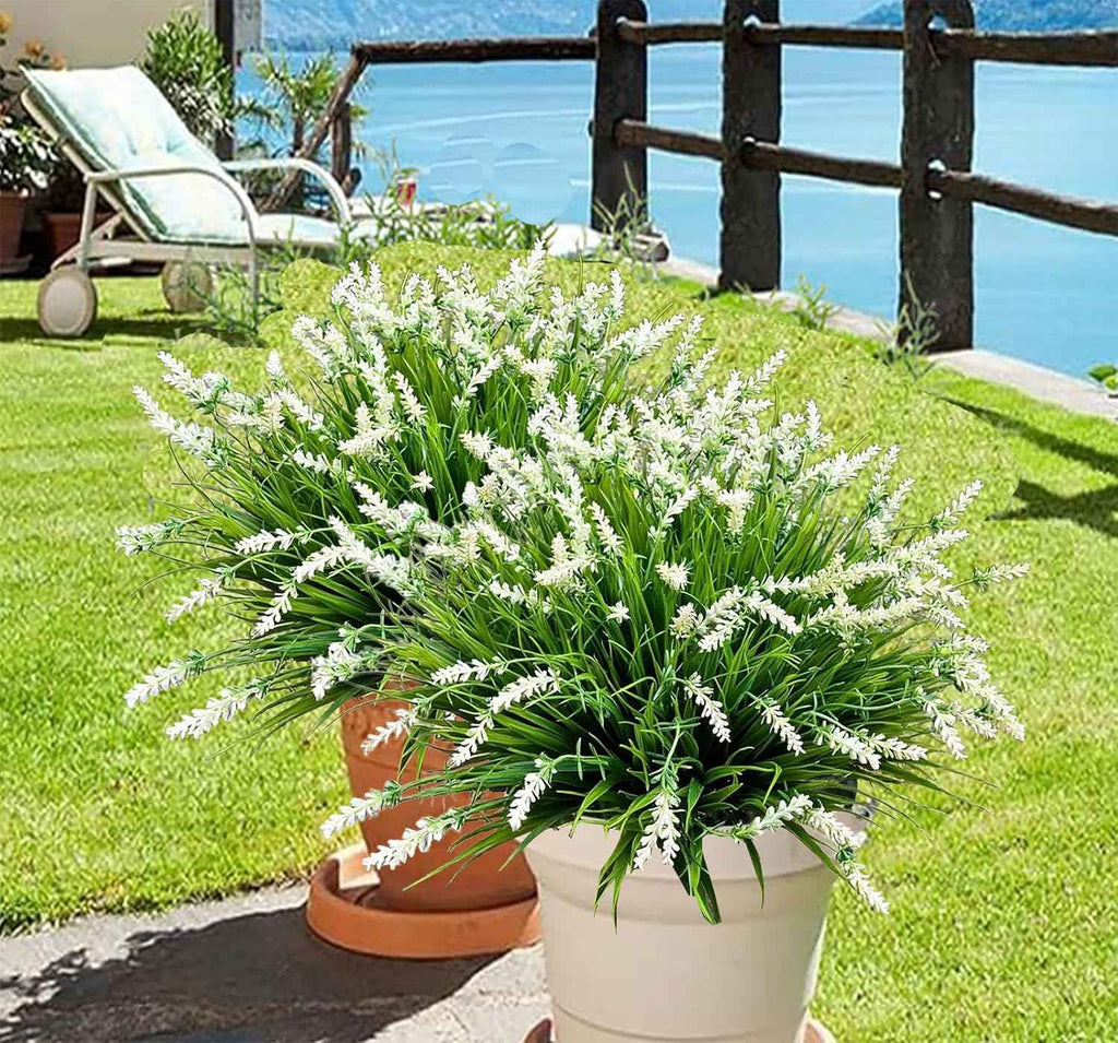 Artificial Faux Plants Flowers for Outdoor Decorations,Faux Plastic Fake Monkey Grass Greenery for Spring Summer UV Resistant Realistic Artificial Shrubs for Courtyard Window Garden(B-White, 12 PCS)