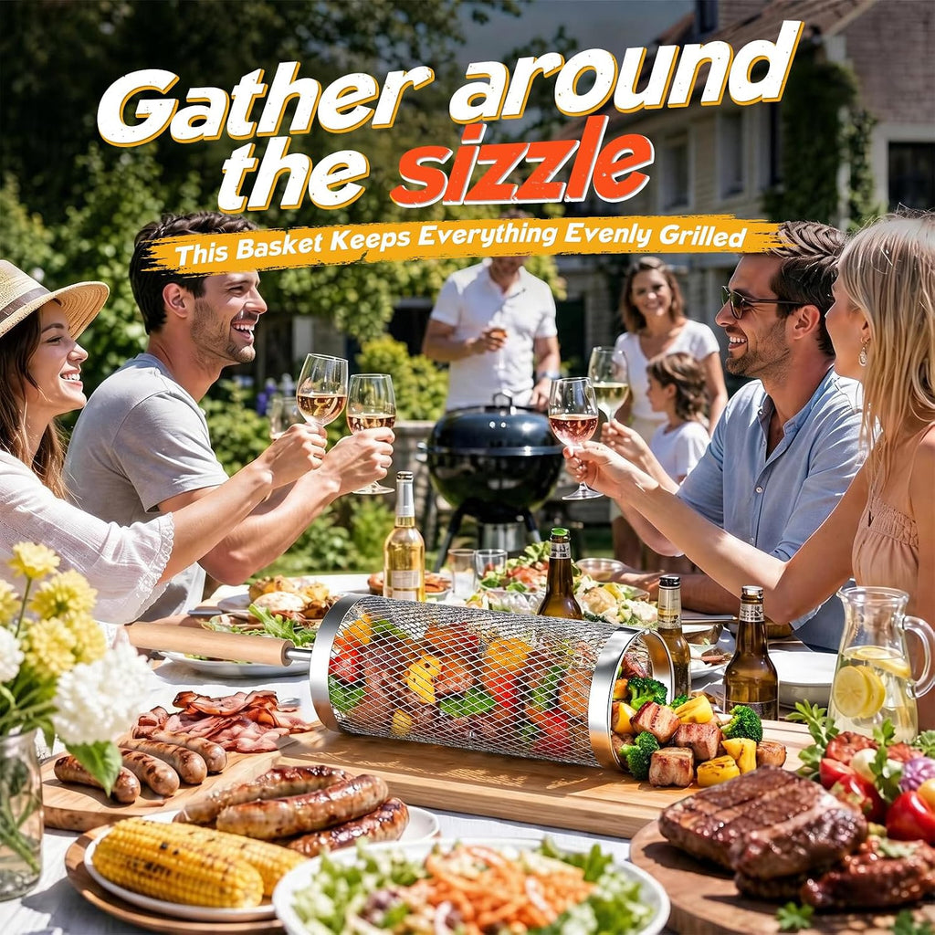 Rolling Grill Basket, Grilling Accessories 2 Pack, Gifts for Men | 304 Stainless Steel, Removable Wooden Handle, BBQ Grill for Vegetable, Outdoor Cooking, Birthday Gifts for Men Dad Husband