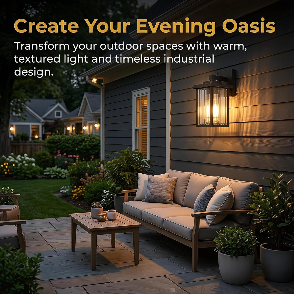 Black Wall Mount Porch Lights, Modern Outdoor Lighting Fixtures | 10.6 inch, Anti-Rust Metal Frame, Tempered Glass, E26 Socket, Pre-Assembled DIY Install for Porch, Garage, Front Door