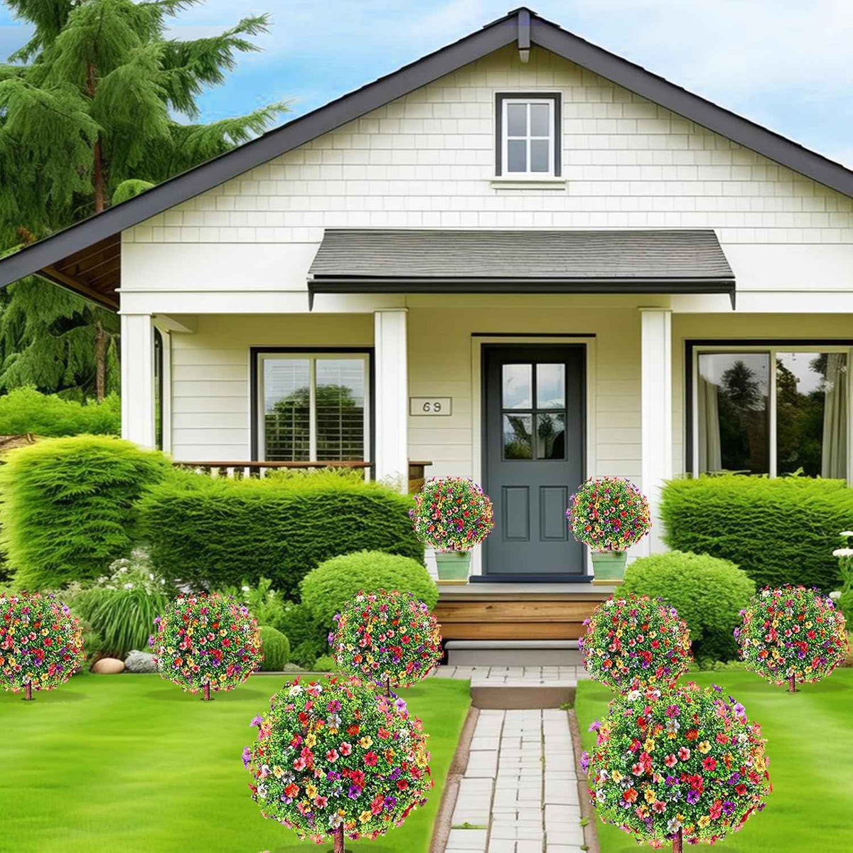 27.5" Artificial Flowers Boxwood Topiary Ball Tree Set of 2, UV Resistant Fake Bushes Shrubs with Ground Spike, Faux Evergreen Tree for Front Porch Outdoor Garden Decor