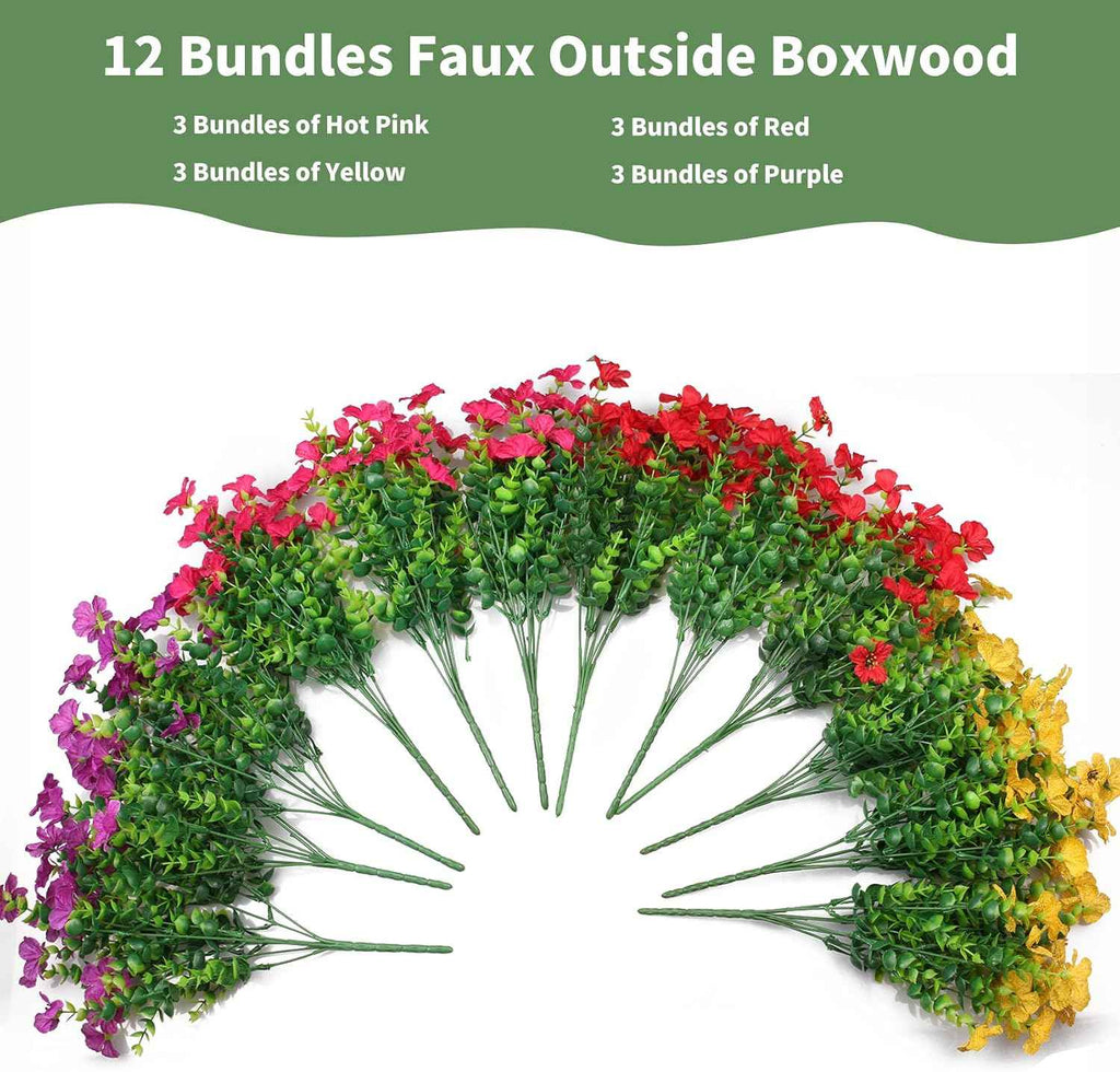 Artificial Flowers for Indoor & Outdoor Decoration - 12 Bundles Faux Daisies with Eucalyptus Leaves Fake Greenery for Garden, Home, Porch, Patio, Boxwood (12 Pcs Mix Pink Red Purple Yellow)