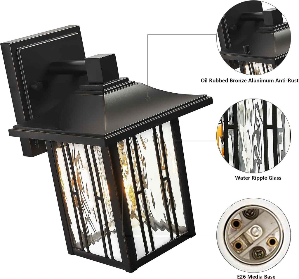 Outdoor Wall Lights Exterior, Front Porch Lights, Wall Sconce Wall Mount, Waterproof Wall Lantern with Water Ripple Glass, Black Lighting Fixtures for Garage, Patio House-2 Packs