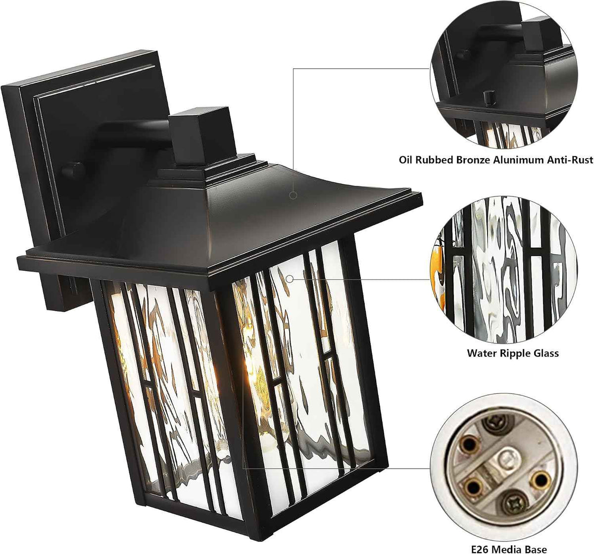 Outdoor Wall Lights Exterior, Front Porch Lights, Wall Sconce Wall Mount, Waterproof Wall Lantern with Water Ripple Glass, Black Lighting Fixtures for Garage, Patio House-2 Packs