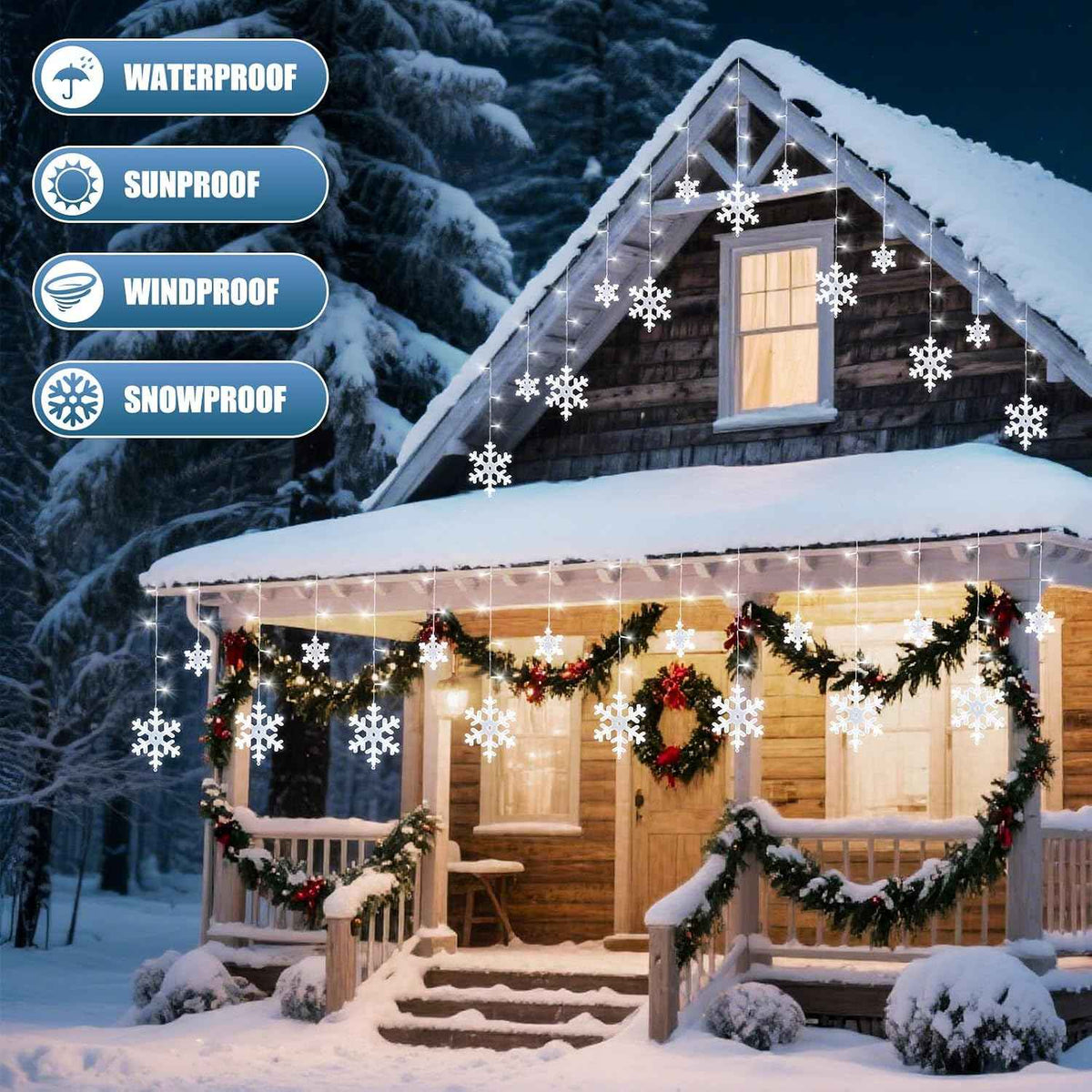 Brightown Christmas Snowflake Lights Outdoor - 13FT 192LED Snowflake String, 16 Drops, 12 Modes, Timer, IP65 Waterproof, Connectable Xmas Lights for Eaves Windows, Indoors & Outdoors