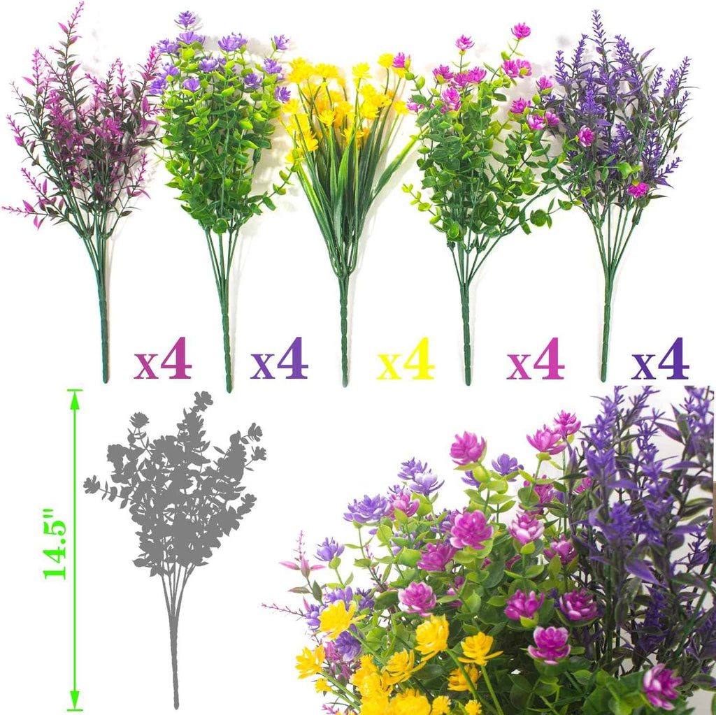 Grunyia 20 Bundles Artificial Flowers Outdoor UV Resistant No Fade Fake Plants Faux Plastic Shrubs for Garden Patio Porch Window Box Home Wedding Farmhouse Hanging Décor