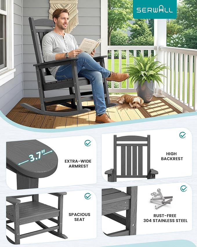 SERWALL Outdoor Rocking Chair, HDPE Patio Rocking Chair All-Weather Porch Rocker - Image 5