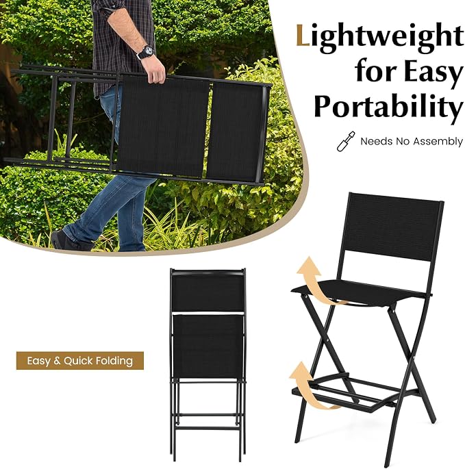 COSTWAY Outdoor Patio Bar Chair Set of 4, Folding Bar Height Stool - Image 3