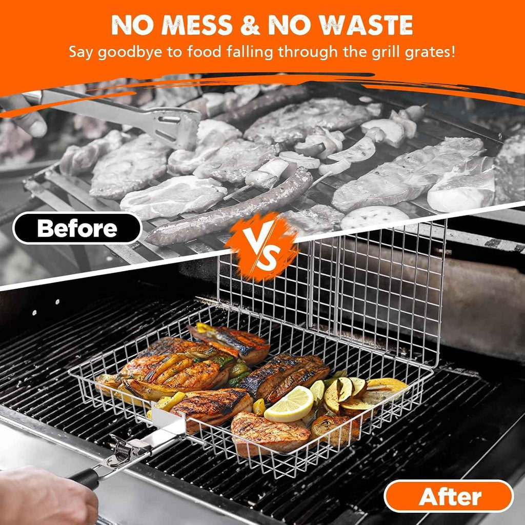 Grill Baskets for Outdoor Grill, 2 Pack Stainless Steel Grilling Baskets | Nesting Fish Grill Basket with Two Grid Sizes, Grilling Basket with Wood Handle for Shrimp, Vegetables, Burgers and Steaks