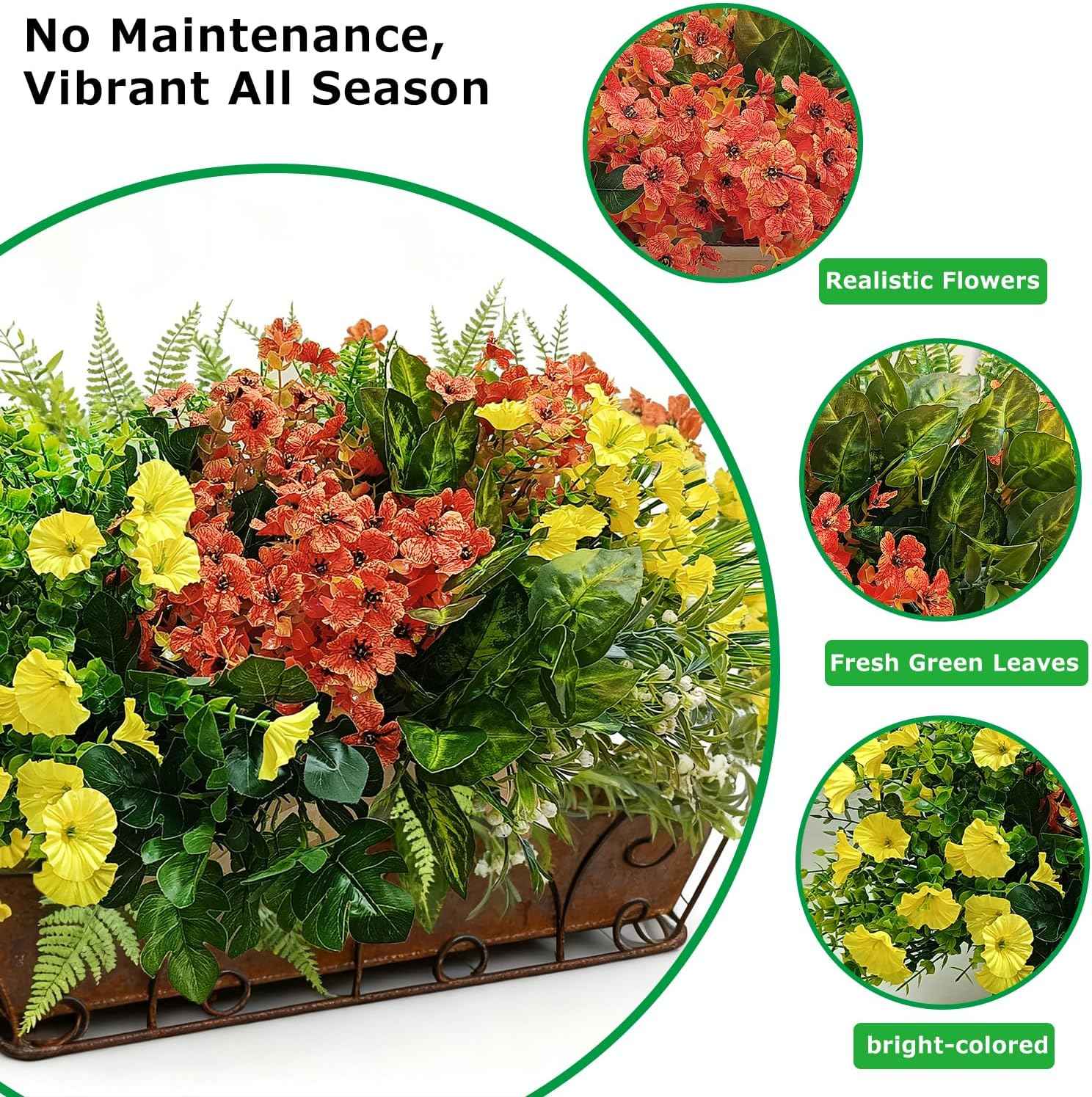 24 Pcs Outdoor Artificial Plants Realistic Artificial Flowers Greenery Stems Faux Plants Bushes for Home Planter Patio Garden Front Porch Yard Decor