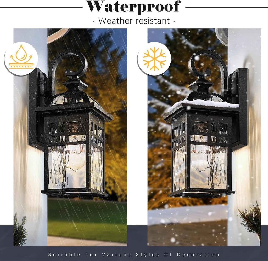 Porch Lights Outdoor Lighting Exterior Lighting Fixture | 15 Inch Height Black Outdoor Wall Lights Water Ripple Glass, E26 Socket