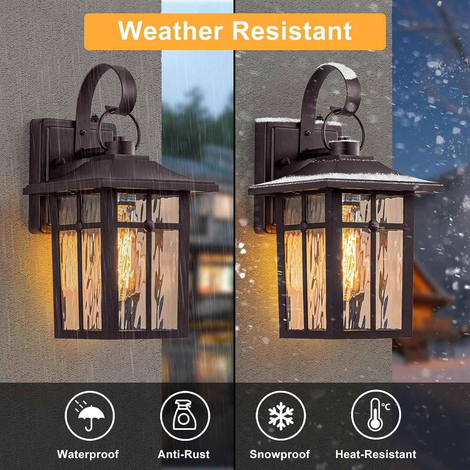 2 Pack Dusk to Dawn Outdoor Wall Lights, Brown Porch Lanterns | Aluminum Garage Light, Ripple Glass, Weather Resistant, For Garage Patio Entryway