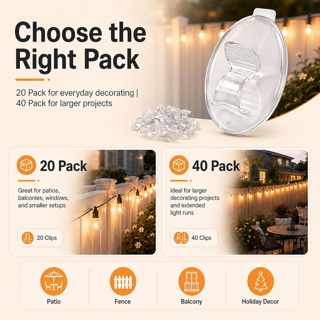 Outdoor String Lights Adhesive Hooks - 20Pcs Clips 3X Stronger Adhesion | Heavy Duty Waterproof Sticky Strips - Clear Removable Cord Holders - Hanging Christmas Decor - Patio Fence Wall Indoor Garage