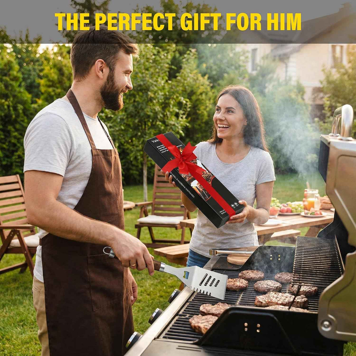 Grill Set, Grill Tools for Outdoor Grill Utensils Set BBQ Accessories | Grilling Tools Set, Spatula, Fork, Brush, Tongs & Cleaning Brush, Gifts for Men Dad Him (Wood)