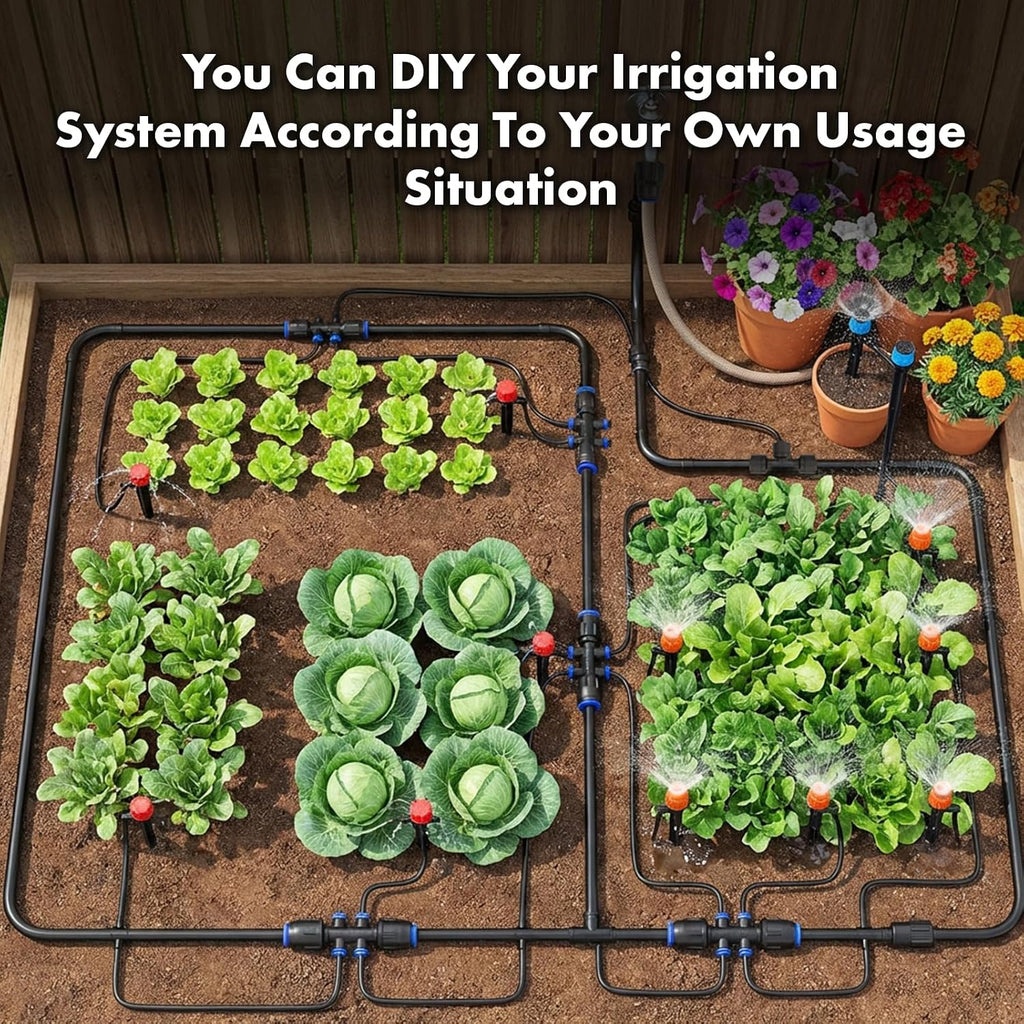 Drip Irrigation System 230FT Quick-Connect Drip Irrigation Kit with 1/4 inch 1/2 inch Irrigation Tubing Hose and Accessories for Lawn Raised Bed Greenhouse Plant Watering System