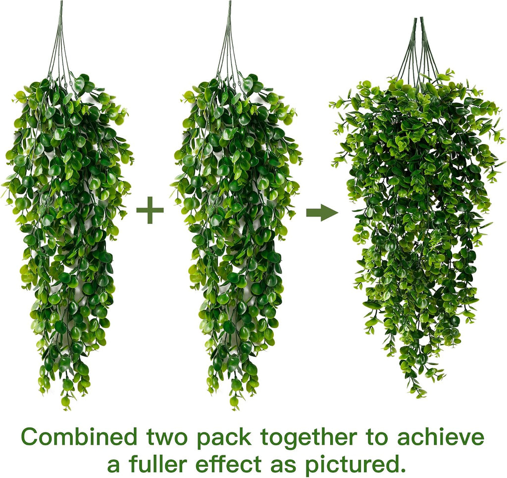 Sggvecsy 4 Pack Artificial Hanging Plants Fake Hanging Plant Faux Hanging Eucalyptus Plants UV Resistant Plastic Plants for Indoor Outdoor Room Wall Wedding Patio Porch Decor