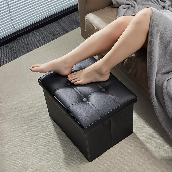 AmasSmile Storage Ottoman Folding Foot Rest Stool, Leather Footstool Bench - Image 2