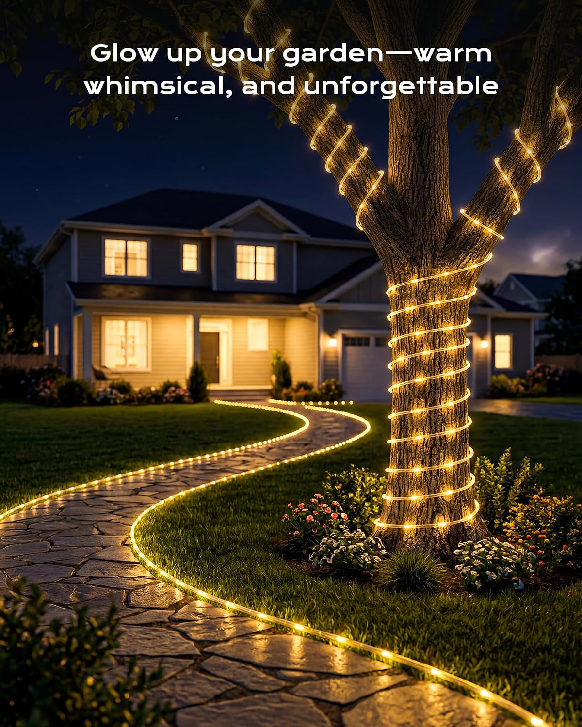 Brightown 2 Pack Total 78FT 200LED Warm White Solar Rope Lights Waterproof | IP65 waterproof solar fairy lights with 8 lighting modes, solar powered, perfect decor for yard, garden and outdoor tree