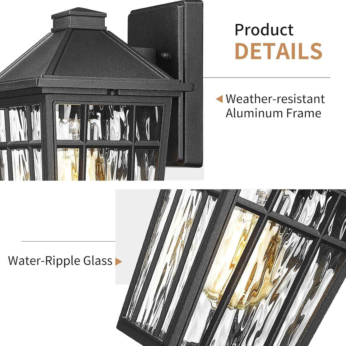 Darkaway Outdoor Wall Lights for House, Exterior Lighting Fixtures Wall Mount Porch Lights Waterproof Outdoor Sconce Lights with Water Ripple Glass for Patio Hallway Garage