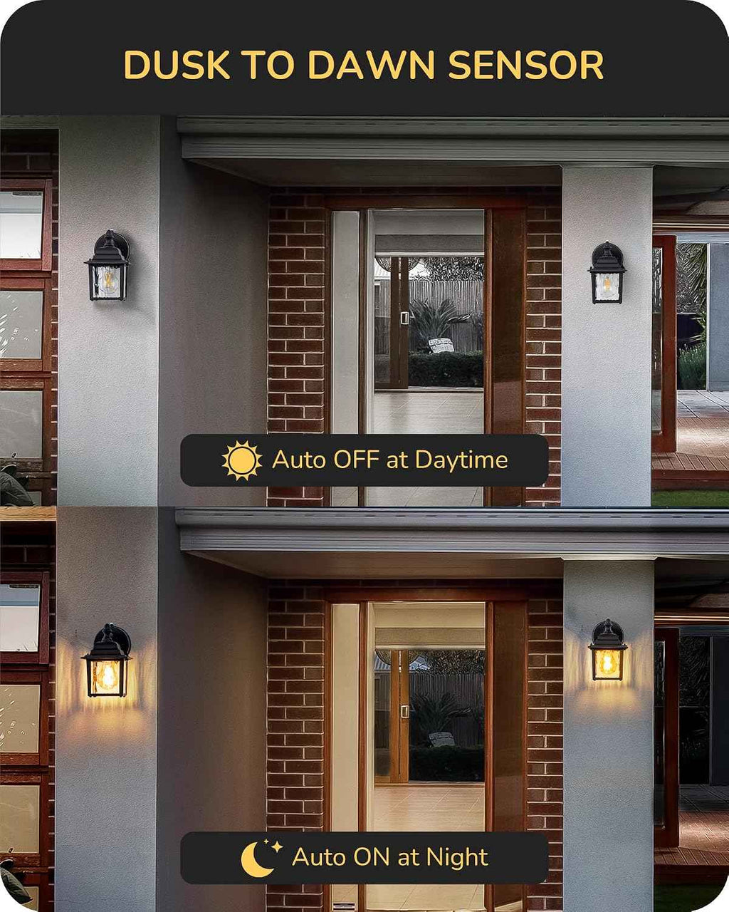 EDISHINE 2 Pack Outdoor Wall Lights, Modern Dusk to Dawn Black Porch Light | Clear Water Ripple Glass, Anti-Rust Aluminum, Standard E26 Socket, Waterproof Exterior Lighting Fixtures for Front Door