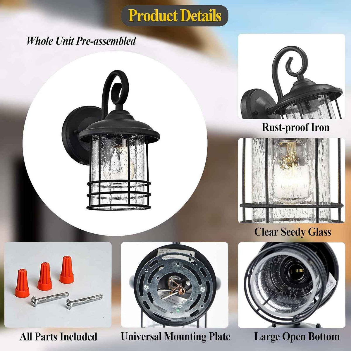 MICSIU 5.5" Wide Black Single Outdoor Porch Light, 9.8" H Modern Farmhouse | Seedy Glass Outside Fixture, Vintage Round Outdoor Wall Sconce For Small Sidelight, Front Door, Garage
