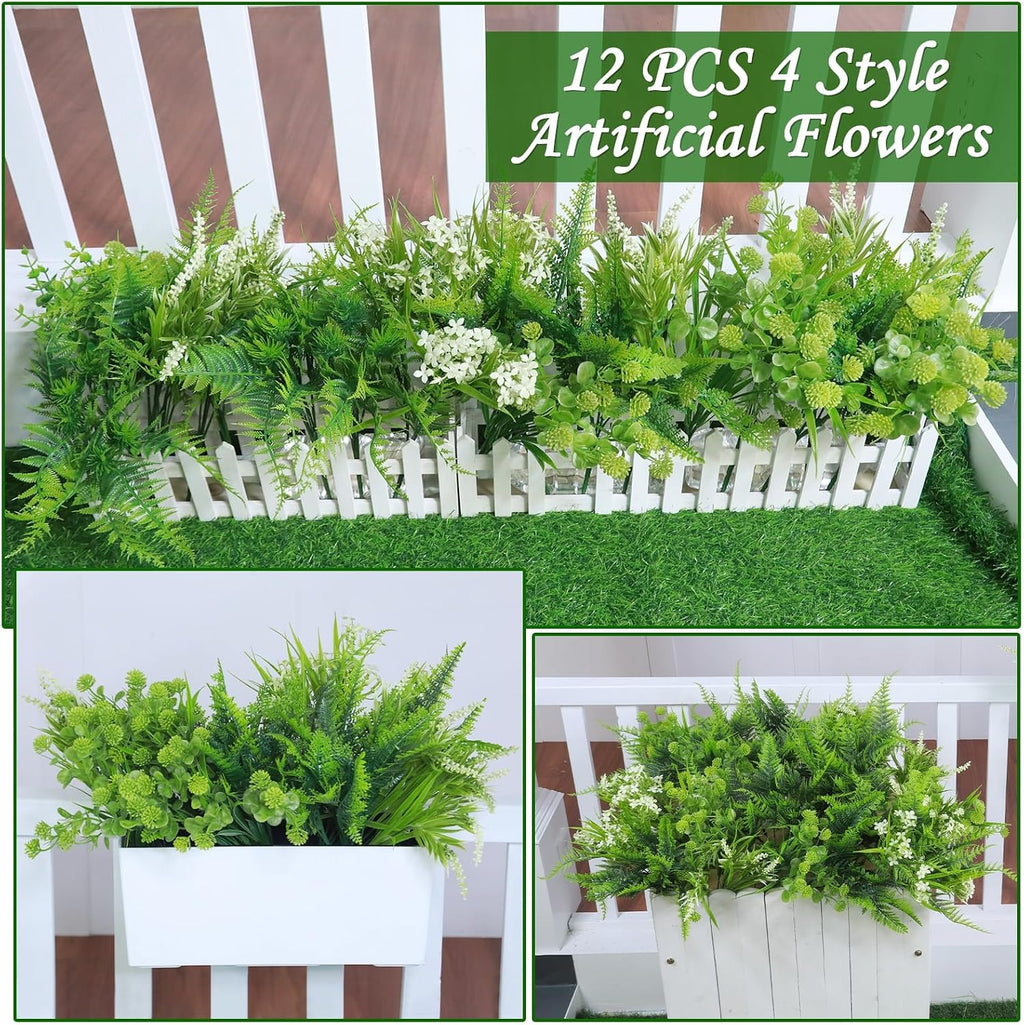 TURNMEON Artificial Plants Outdoor Fake Plants UV Resistant No Fade 12 Bundles 4 Styles Faux Plant Plastic Greenery Shrubs Boston Fern Lavender for Outside Gardens Porch Patio Indoor Home Decor