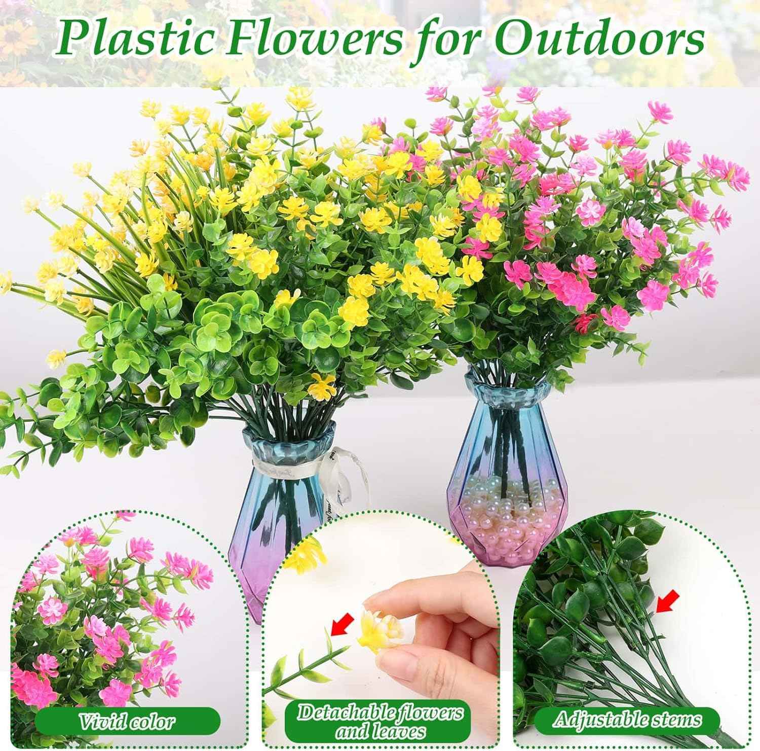20 Bundles Artificial Spring Summer Flowers Bulk for Outdoors, UV Resistant | Silk Fake Wildflowers and Plastic Faux Lavender Plants for Outside Garden Patio Porch Window Box Hanging Basket Decor