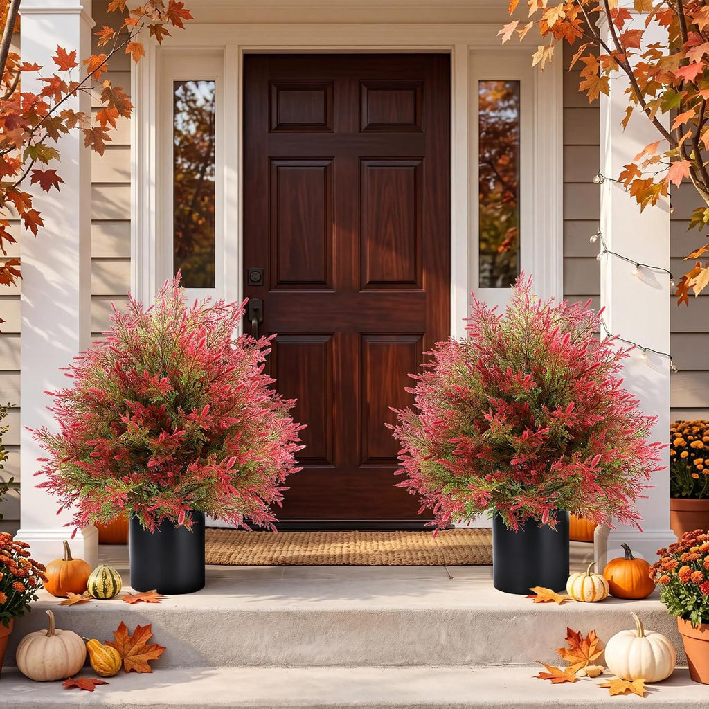 2 Set Artificial Potted Topiary Trees Cedar - UV Resistant Faux Outdoor Potted Plants, Spring Summer Greenery Fake Bushes for Front Door Farmhouse Garden Porch Outdoor Decor