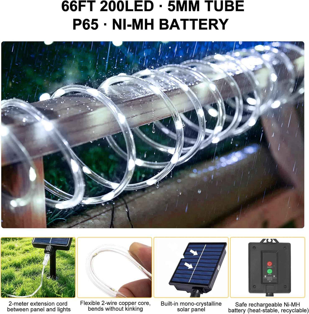 Solar Rope Lights Outdoor Waterproof, 66FT 200 LED Solar String Lights with 8 Lighting Modes,Trampoline Lights, Solar Patio Light for Garden Fence Backyard Deck Porch Pool Tree Christmas Decor
