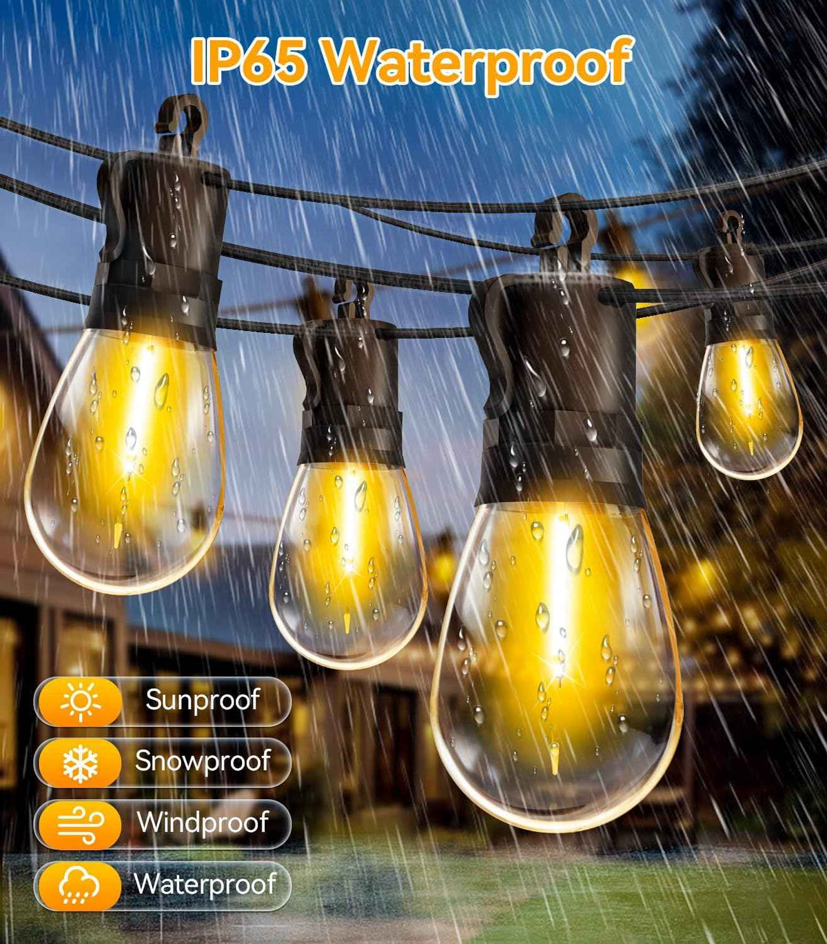 Outdoor String Lights Patio LED - 15M 50FT Outside Waterproof Dimmable | Shatterproof, S14 Porch Light Edison Plastic Bulb Pergola Hanging Balcony Connectable Yard Gazebo Backyard Garden Bistro