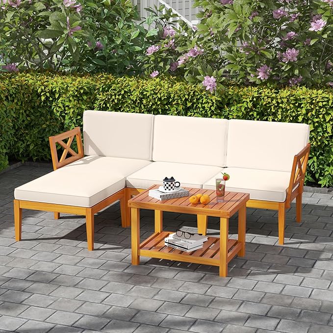 Tangkula L Shaped Outdoor Furniture Set, 5 Pieces Acacia Wood Patio - Image 2
