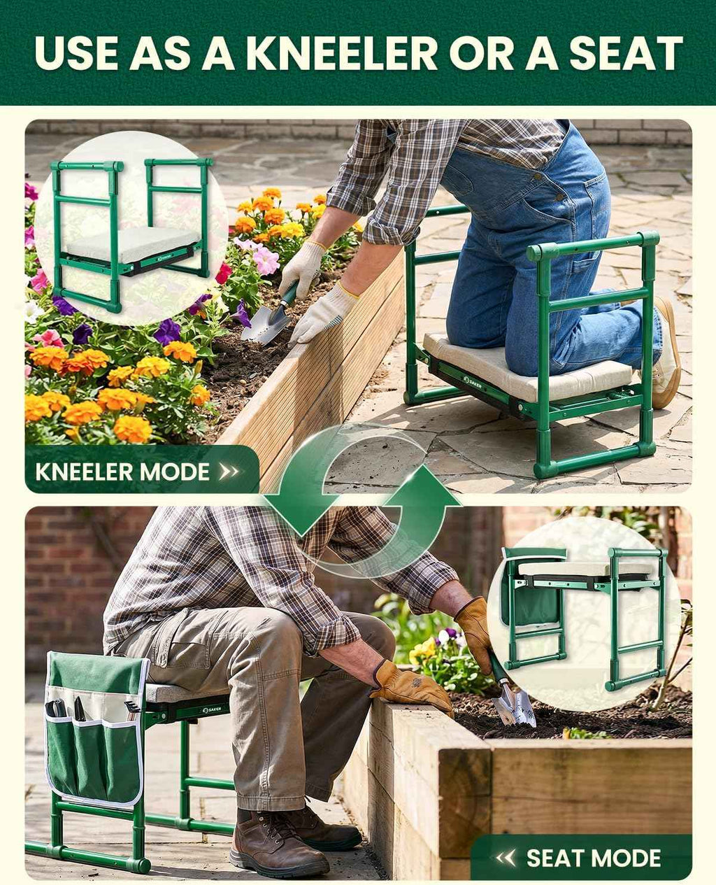 Saker 2026 Upgraded Garden Kneeler and Seat with 500LB Frame & Soft Pad | Foldable Stool, Heavy-Duty Steel, Comfortable Kneeling, Support for Elderly Gardening & Weeding(Basic Version)