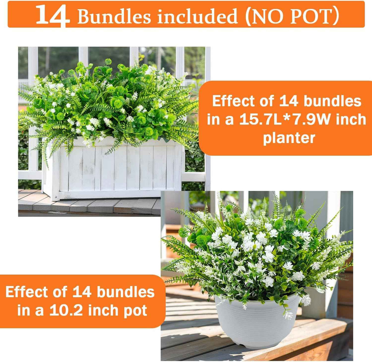 14 Bundles 5 Styles Fake Plants UV Resistant Artificial Outdoor Plant Boston Fern Lavender Plastic Flowers Greenery Shrubs for Outside Front Porch Balcony Patio Garden Home Decor