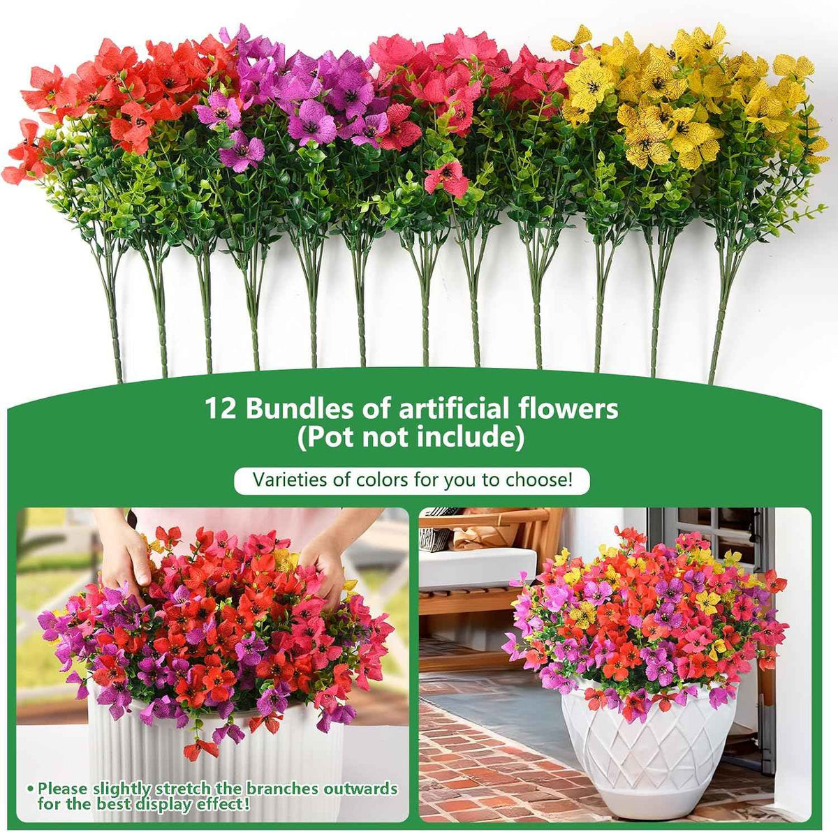 Homsunny Artificial Fake Flowers Plants for Outdoors - 12 Bundles Fake Plants Faux Silk Flowers Outside, UV Resistant for Planter Front, Porch, Garden, Patio, Spring Summer Decor