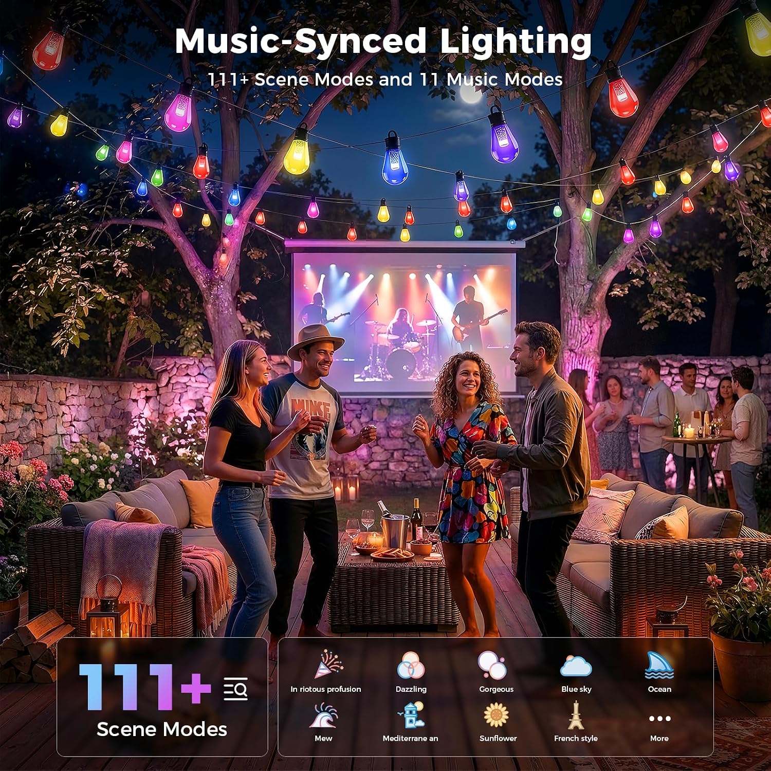 CDN Outdoor String Lights, 80FT Smart RGBW Patio Lights for Backyard | IP65 Waterproof, App, Alexa & Google Control, 111 Modes, Music Sync and Dimmable Warm White for Date Nights BBQs and Parties