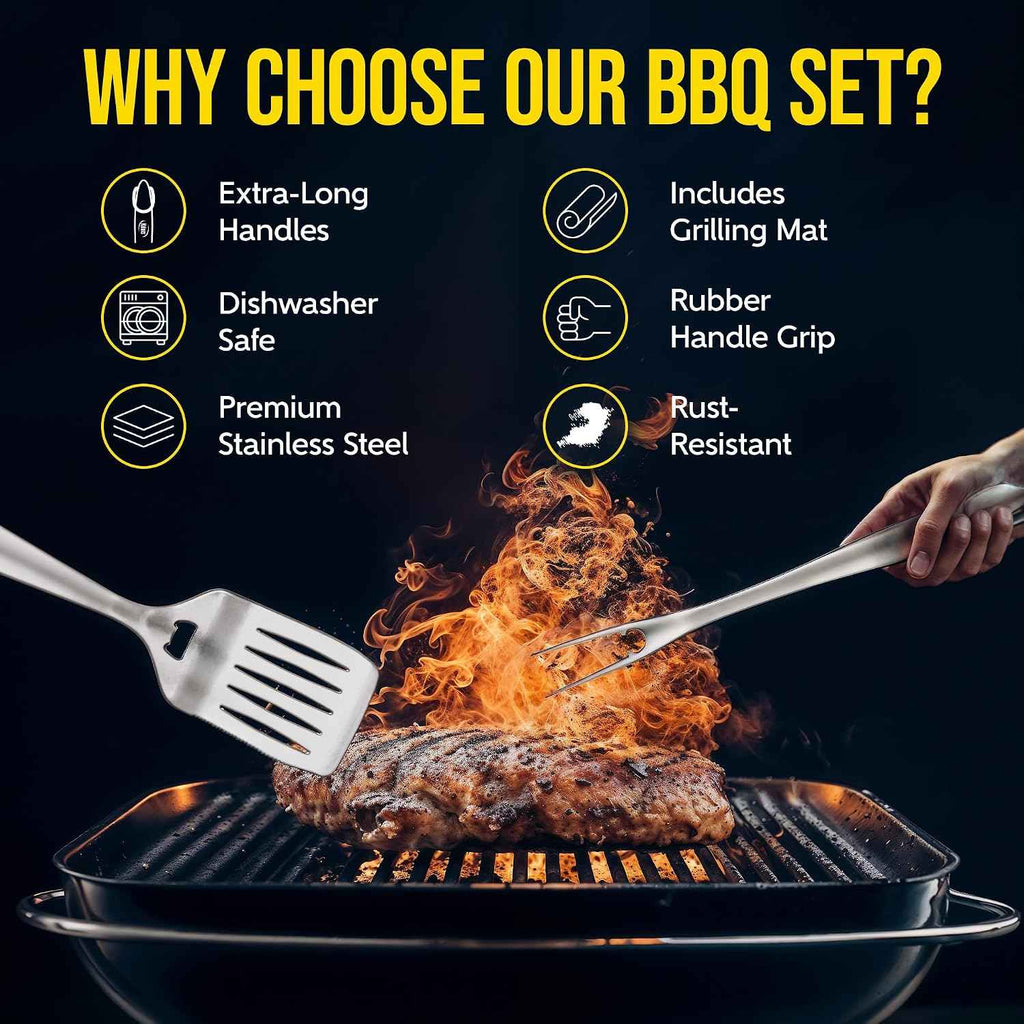 Kaluns BBQ Grilling Accessories, Grilling Gifts for Men Dad, Grill Tools for Outdoor Grill, Heavy Duty Stainless Steel Grill Set with Spatula, Tongs, Fork, Brush, & Grilling Mat, Best BBQ Gifts