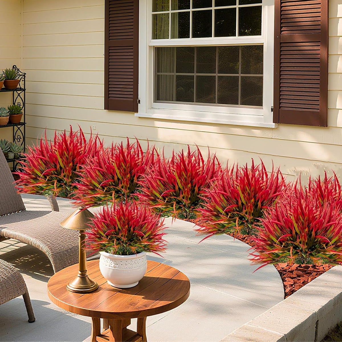 Artificial Outdoor Plants, 16 Bundles UV Resistant Fake Grass, Deep Red Faux Greenery Shrubs for Garden, Porch, Window Box
